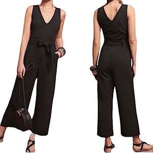 Anthropologie Cathy Paperbag Waist Tie Waist V Neck Sleeveless Jumpsuit Black XS